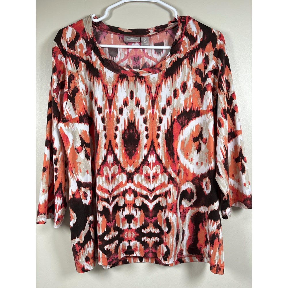 Chicos Womens Size 2 Large Ikat Abstract Print 3/4 Sleeve Scoop Neck Top Orange